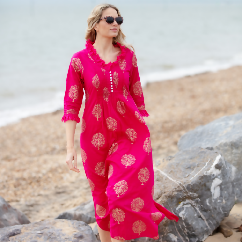 Cotton Annabel Maxi Dress In Fuschia & Gold