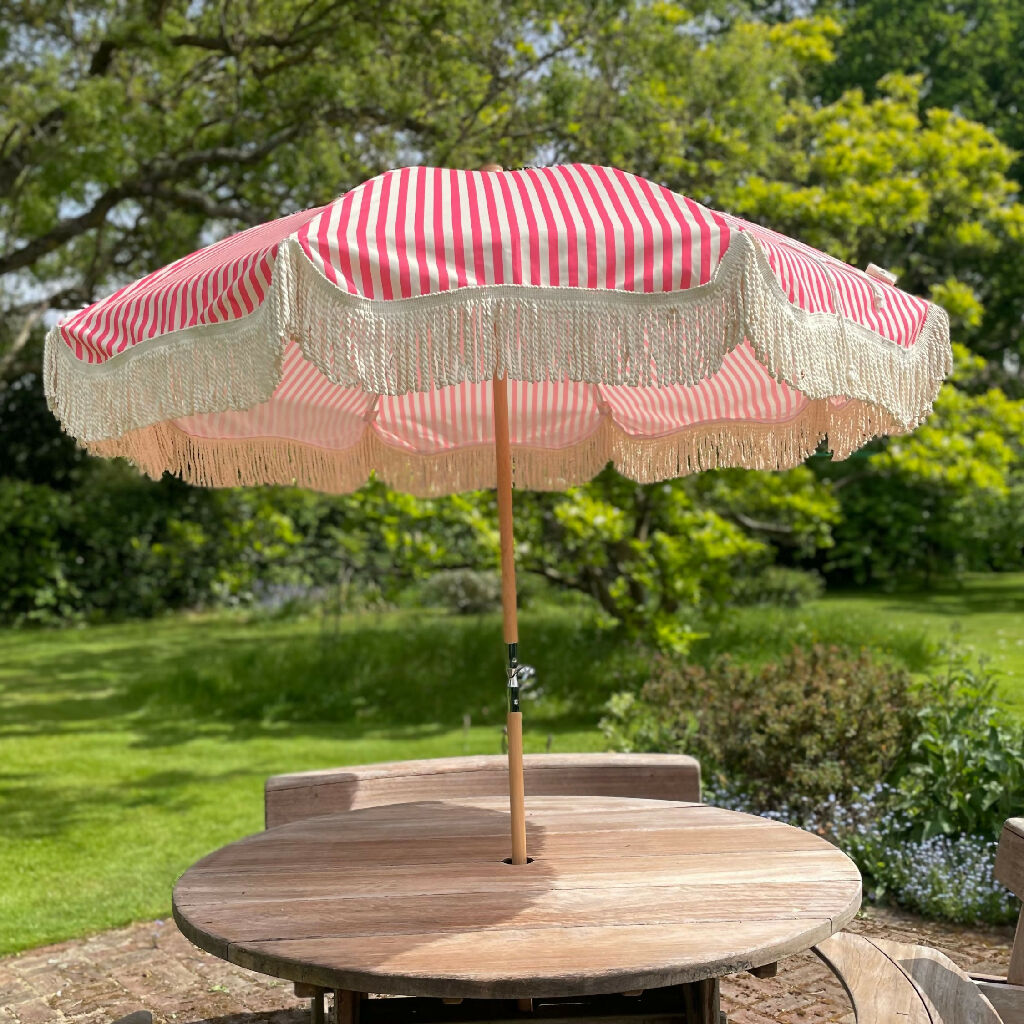 French Pink/Antique White Stripe Large Tassel Fringed Outdoor