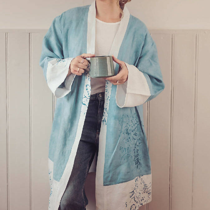 Athena Kimono Jacket in Blue Linen