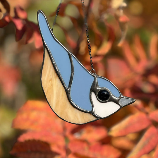 Stained Glass Nuthatch - blue glass bird, dad gift