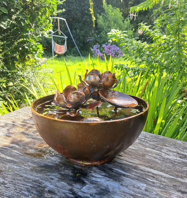 Hand Crafted Garden Water Dish With Water Lily. Wildlife Mini Pond. Sculpture for Wildlife Gardens