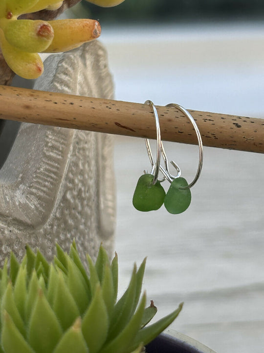 green Seaglass & silver hoop Earrings