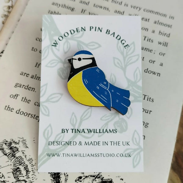Blue Tit - Wooden Brooch Pin Badge