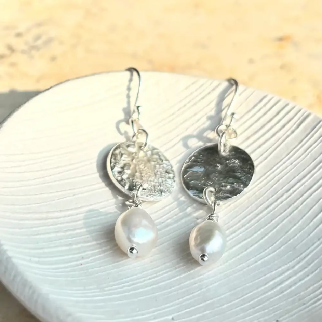 Keshi Pearl Earrings with silver disc