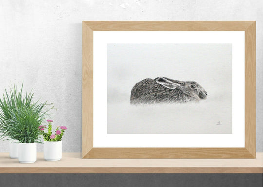 "Winter Hare", hare in the snow portrait, original artwork, 18x11.5cm