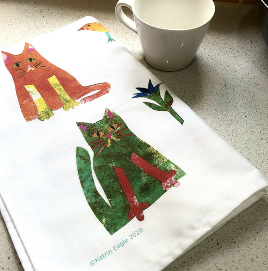 Garden Cats panel tea towel