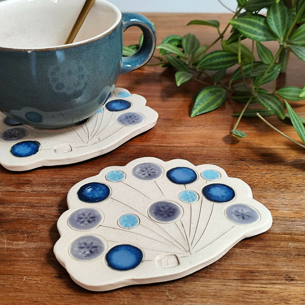 Cow Parsley Wildflower Shaped Ceramic Coaster In Blue