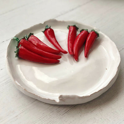 Handmade Ceramic Chillies on a Dish: Seven Chillies on a Round Dish