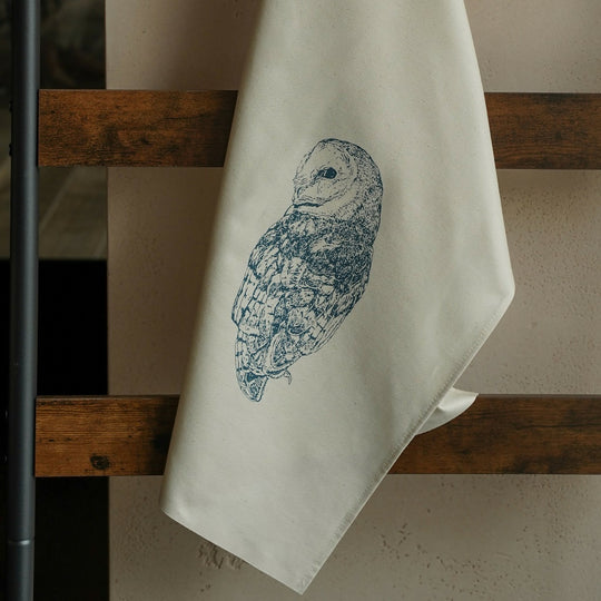 Organic Cotton Barn Owl Tea Towel - Blue Print
