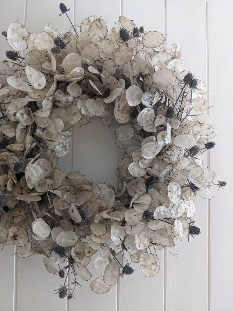 Lunaria Wreath with a Hint of Blue Thistle