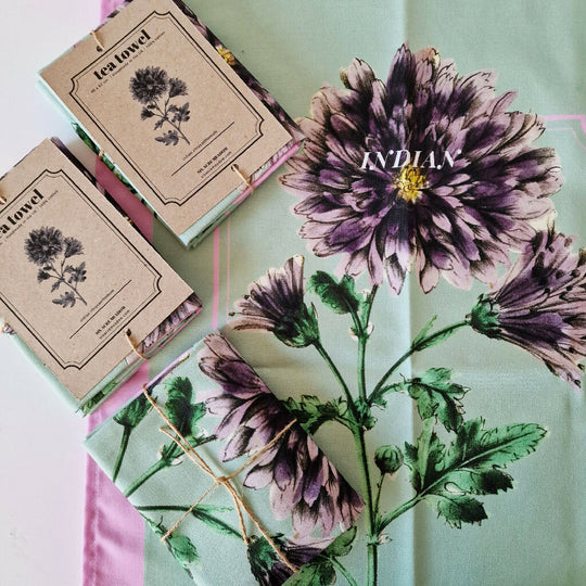 Indian Chrysanthemum Print Cotton Tea Towel in Pink and Green