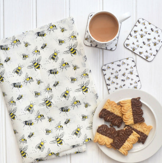 Bee Linen Tea Towel In White