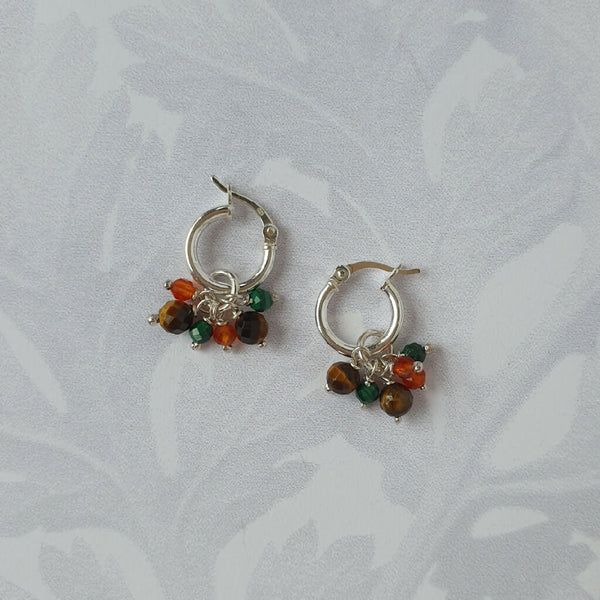 Russet mini hoop earrings, with brown tiger's eye, orange carnelian and green malachite
