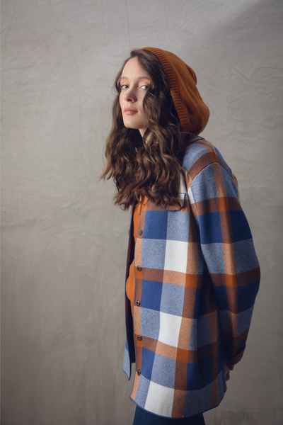 'Marble' Oversized Jacquard Knit Shacket In Indigo & Rust