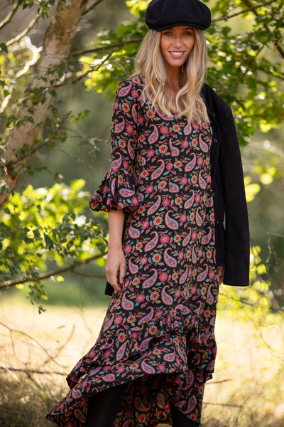 Victoria Midi Dress in Black Paisley