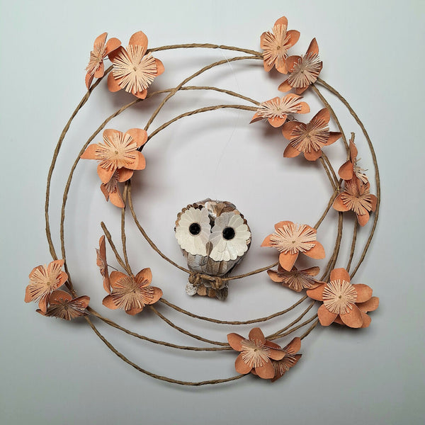 Baby Tawny Owl on a floral wreath paper sculpture