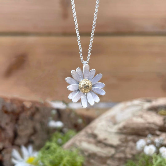Gold & Silver Daisy Necklace, Silver Chain
