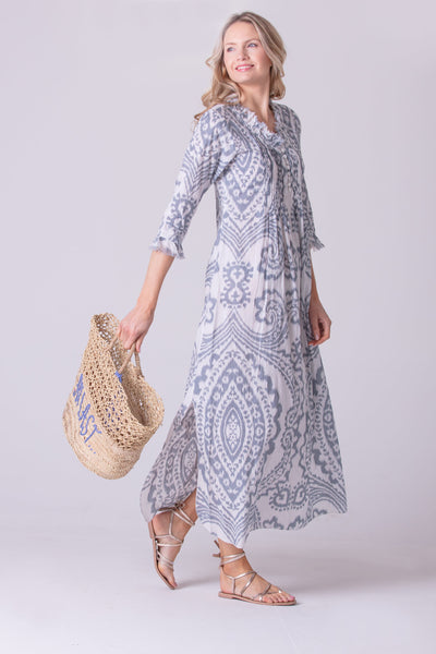 Cotton Annabel Maxi Dress in Grey & White Ikat