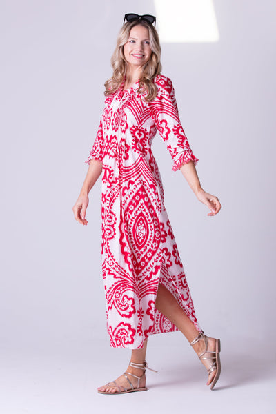 Cotton Annabel Maxi Dress in Red & White Ikat