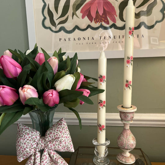 Hand painted pair of candles in a delicate floral design