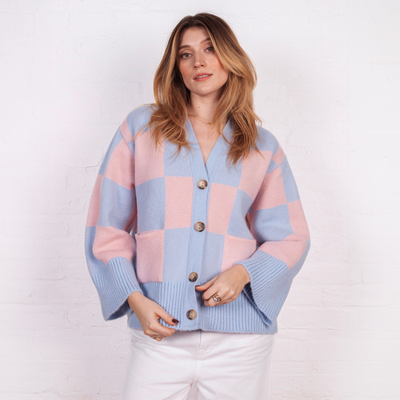 Candice Checked Wide Sleeve Cardigan - Pink & Blue