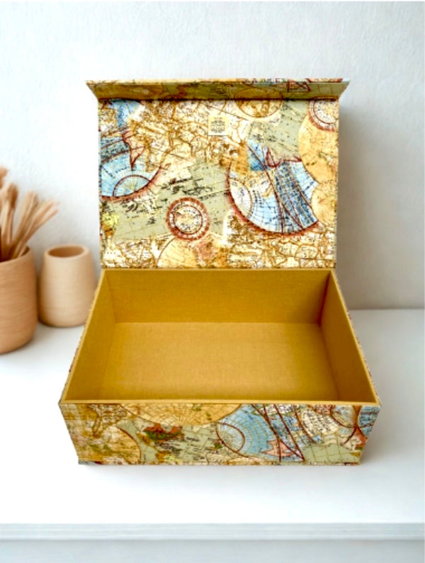 Handmade Vintage Map and Gold Accent Fabric Memory Box