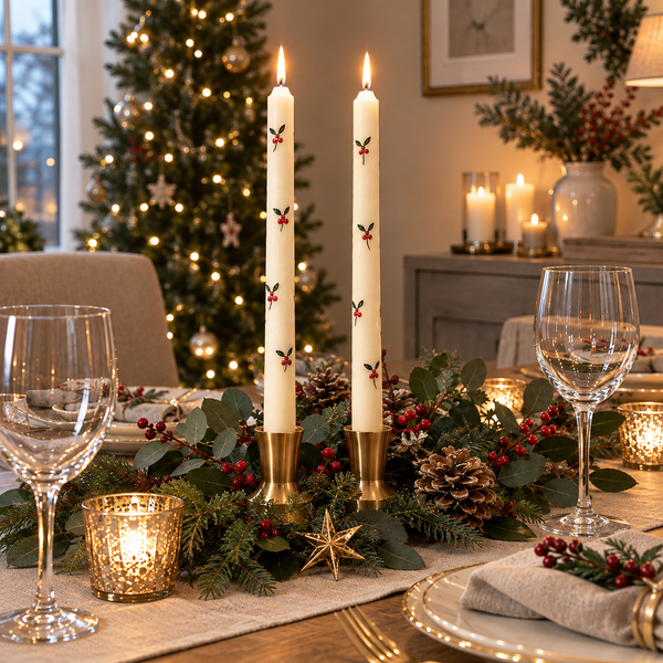 Hand painted ivory candles with a delicate Holly design  set of two