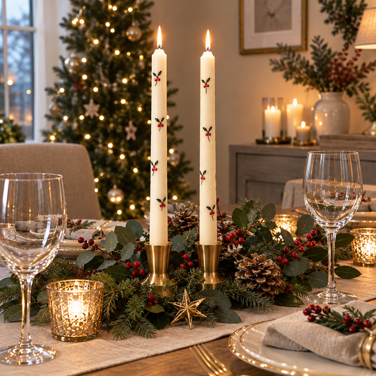 Hand painted ivory candles with a delicate Holly design  set of two