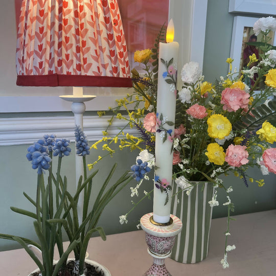 Hand painted real wax LED candles with delicate entwined florals