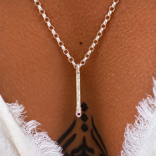 Sterling Silver Matchstick Necklace with Red Ruby