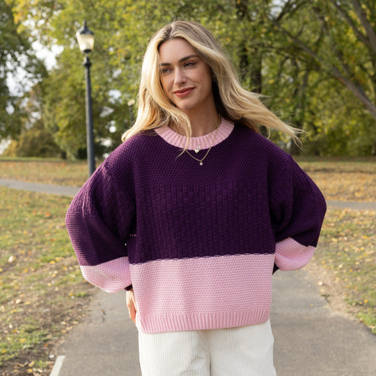 Taz Colour Block Balloon Sleeve Jumper - Purple & Pink