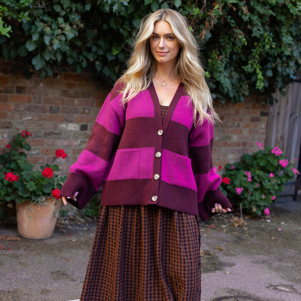 Candice Chunky Stripe V Neck Button Cardigan - Burgundy & Fuchsia