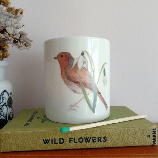 Robin and Snowdrops Bone China Candle Holder