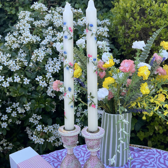HAND PAINTED IVORY CANDLES WITH ENTWINED SPRING FLOWERS - SET OF TWO