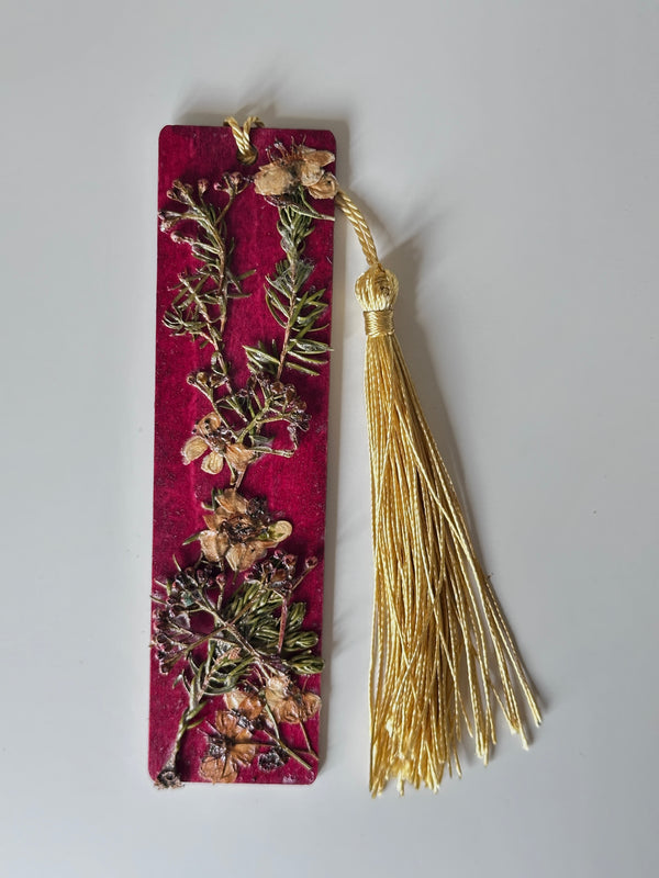 Rustic Traditional Country Style Red Tinted Christmas Themed Pressed Flower Bookmark