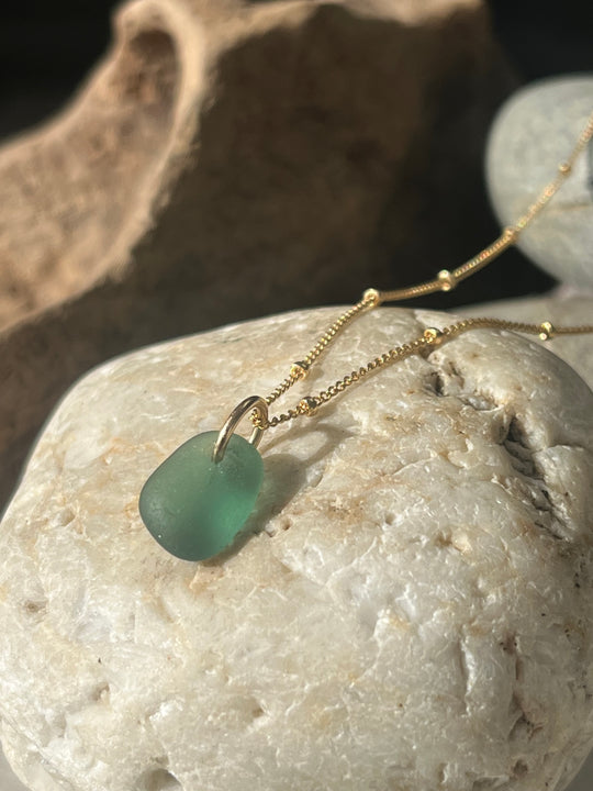 Teal Sea Glass and 18” Goldfilled Satellite Chain Necklace
