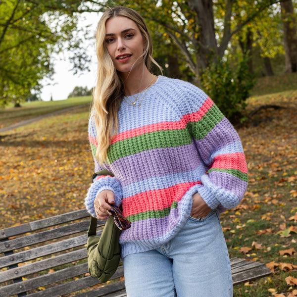 Steph Chunky Stripe Balloon Sleeve Jumper - Blue