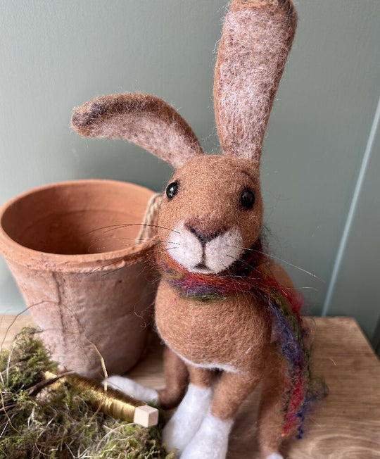 Handmade Needle-Felted Brown Hare with Colourful Scarf