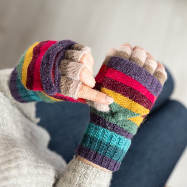 Rainbow Stripe Knit Gloves | Foldover style mitten gloves