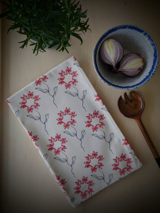 Organic Tea Towel - Machair Flower Red