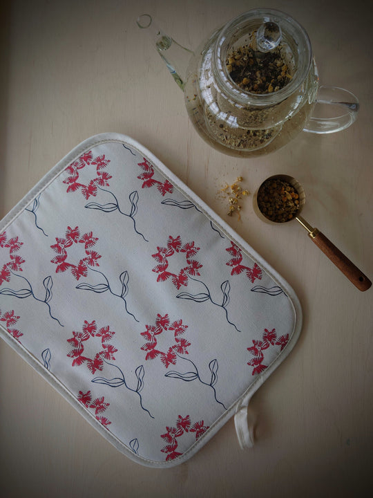 Organic Rayburn Hob Cover and Table Protector - Machair Flower Red