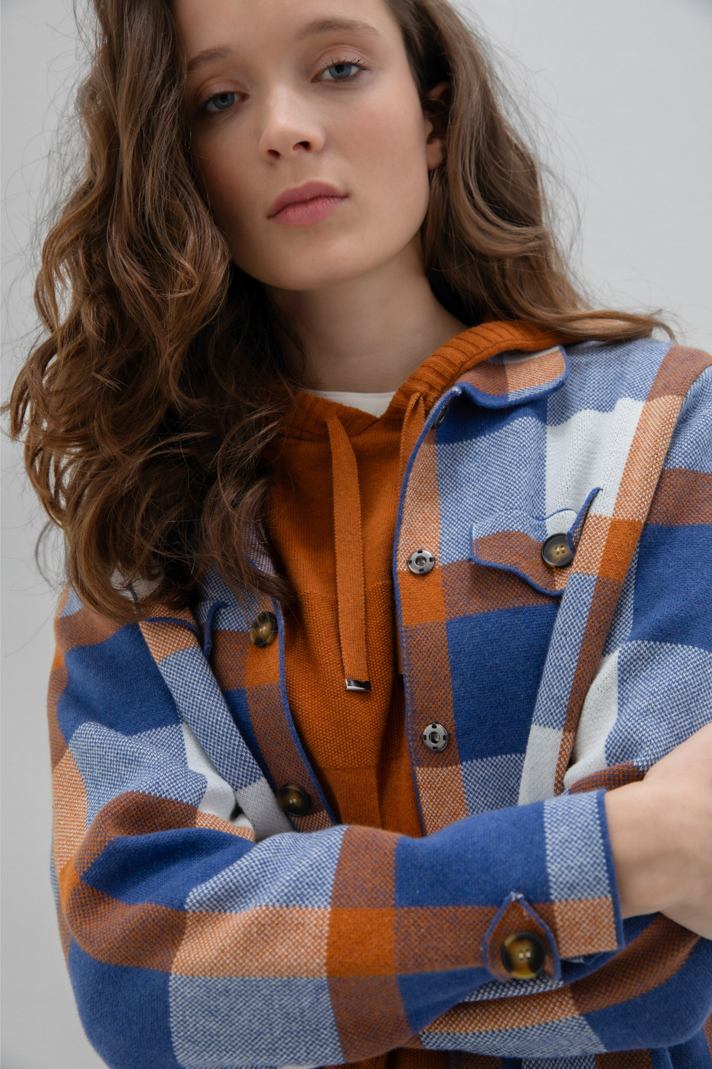 'Marble' Oversized Jacquard Knit Shacket In Indigo & Rust