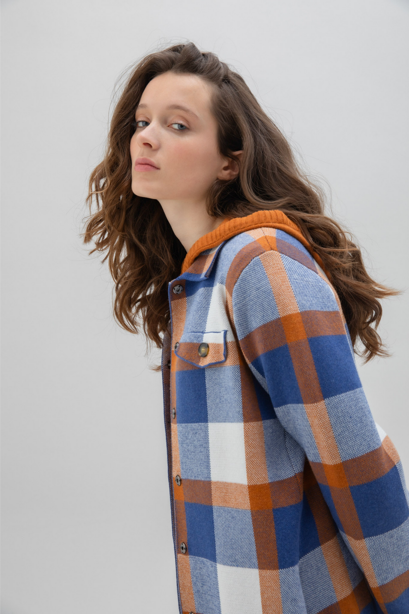 'Marble' Oversized Jacquard Knit Shacket In Indigo & Rust