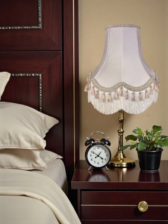 Traditional oyster cream fabric lampshades with cream tassels - Available in 8 sizes