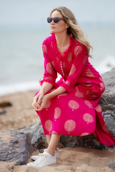 Cotton Annabel Maxi Dress in Fuschia & Gold