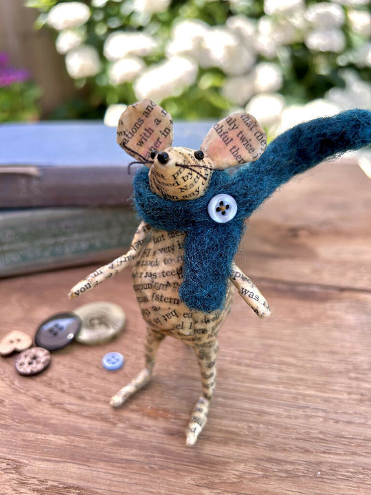 Book Nook Mouse – Vintage Book Paper Sculpture with Wool Scarf