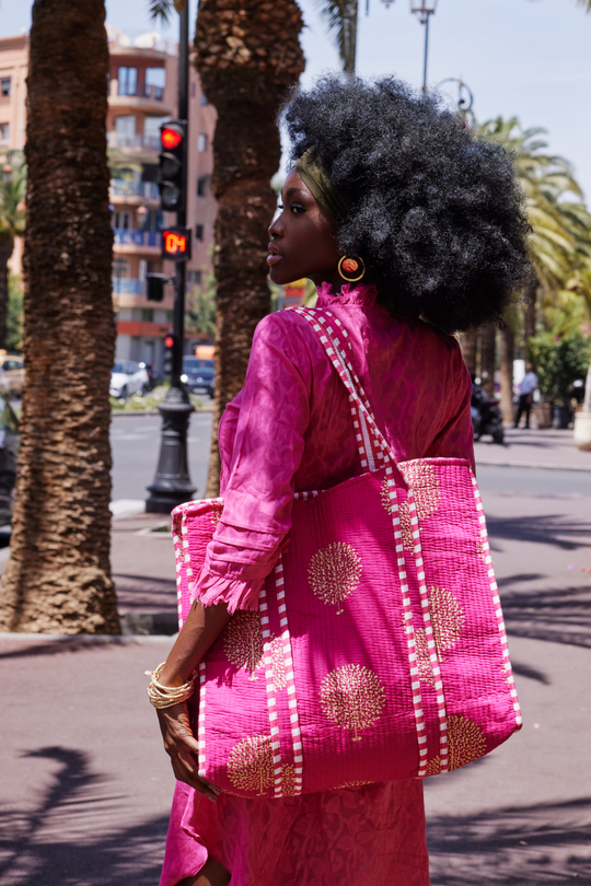 Large Cotton Tote Bag In Fuschia & Gold