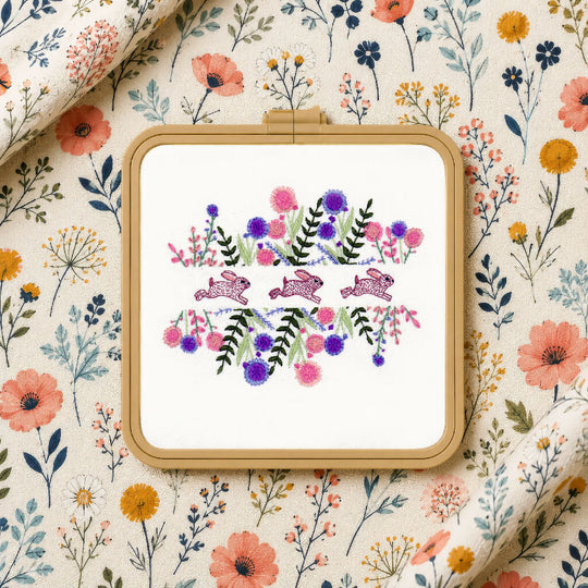 Spring Rabbits Hand Embroidery Kit with Pre Printed Fabric and Colour Pattern