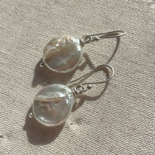 Round Coin Freshwater Pearls Sterling Silver Earrings
