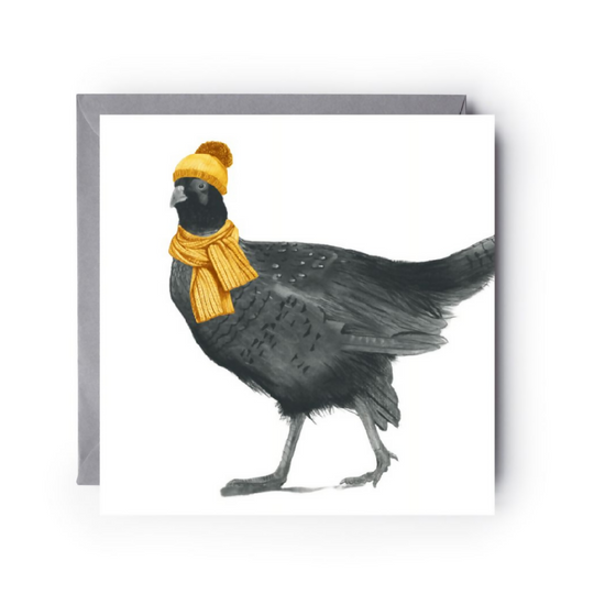 Whimsical pheasant in yellow scarf greeting card illustration